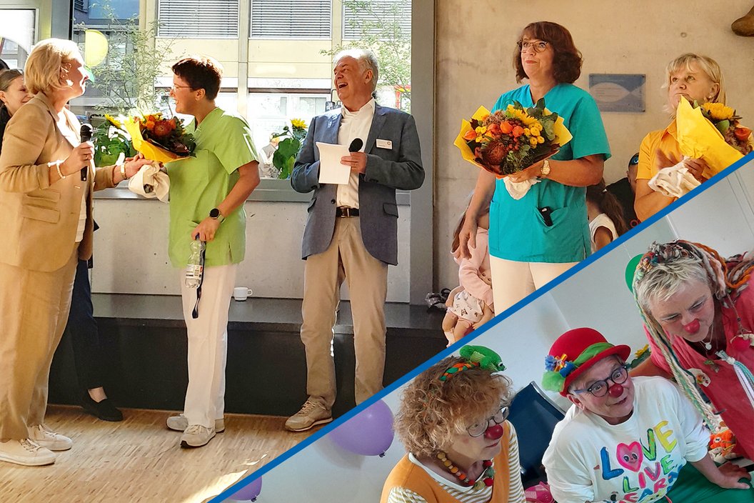 Zwei Gruppen von Personen auf einer Veranstaltung. Links stehen drei Personen mit Blumensträußen, rechts sind Kinder mit bunten T-Shirts und Accessoires.