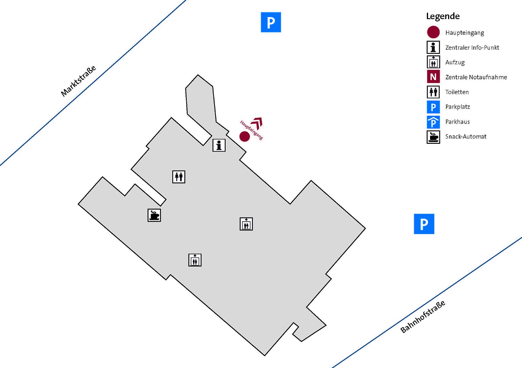 Schwarz-weiße Linienzeichnung eines Gebäudekomplexes mit Symbolen für Haupteingang, zentrale Info, Aufzug, zentrale Notaufnahme, Toiletten, Parkplätze, Parkhaus und Snack-Automat sowie angrenzenden Straßen Marktstraße und Bahnhofstraße