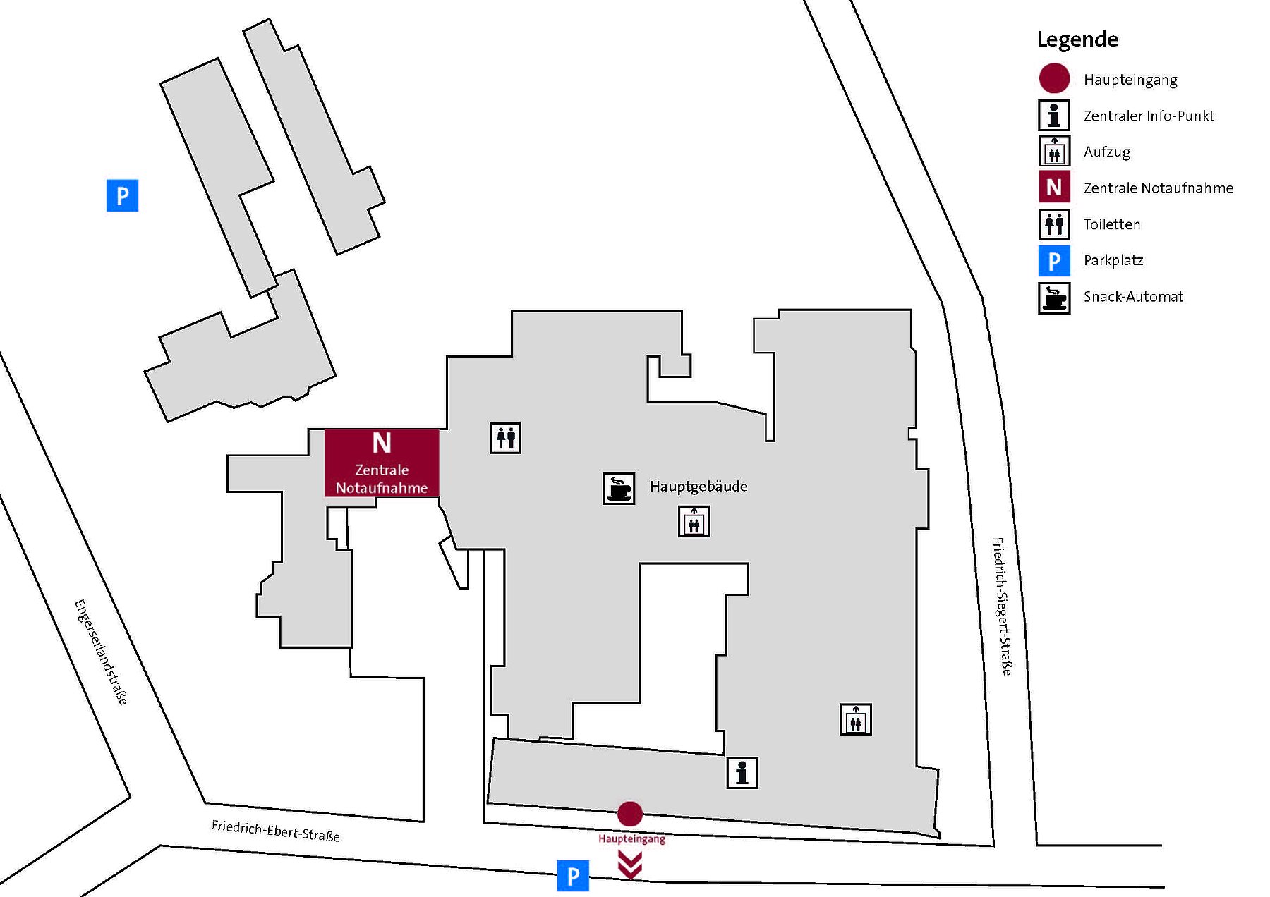Übersichtsplan eines Gebäudekomplexes mit Hauptgebäude, zentraler Notaufnahme, Parkplätzen, Toiletten, Aufzügen und Snack-Automaten, beschriftet mit Legende und Straßennamen