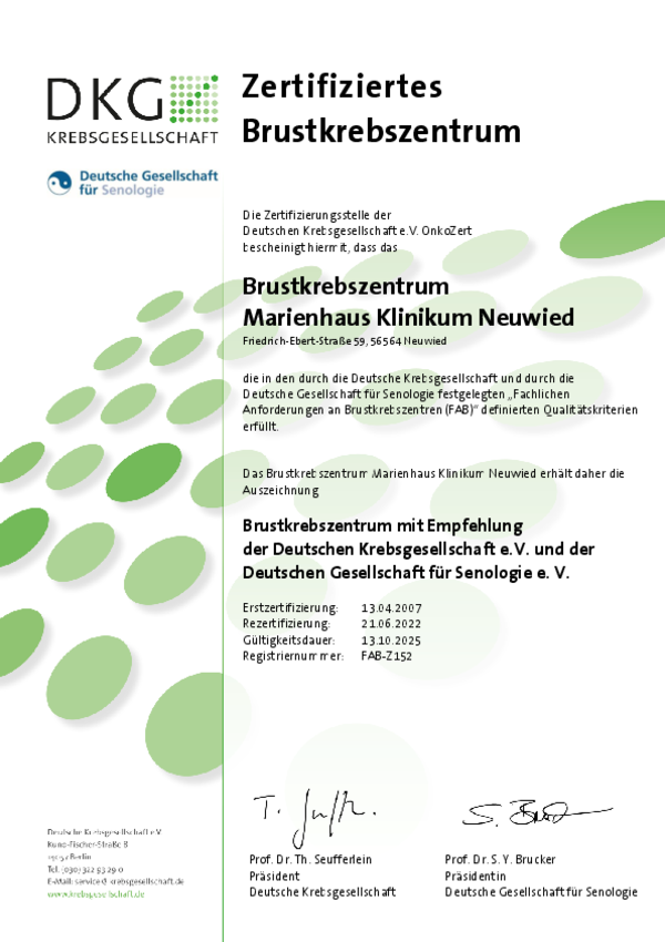 Zertifikat für das Brustkrebszentrum Marienhaus Klinikum Neuwied von der Deutschen Krebsgesellschaft und der Deutschen Gesellschaft für Senologie