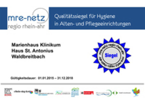 Zertifikat für Hygiene in Alten- und Pflegeeinrichtungen. Text: 'mre-netz regio rhein-ahr', 'Marienhaus Klinikum Haus St. Antonius Waldbreitbach'