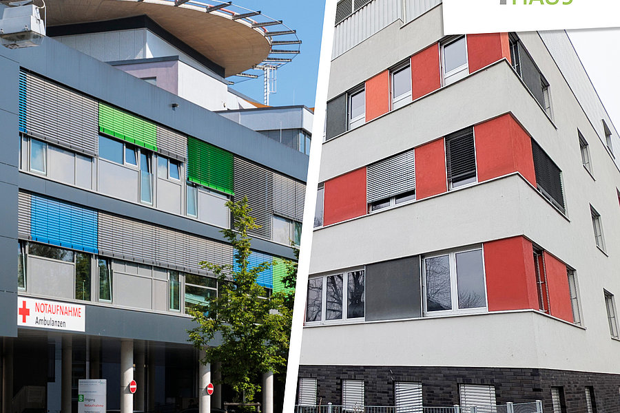 Zwei Gebäude des Marienhaus: links ein modernes Gebäude mit bunten Fassadenelementen, rechts ein schlichtes, mehrstöckiges Gebäude mit roten und grauen Fenstern.