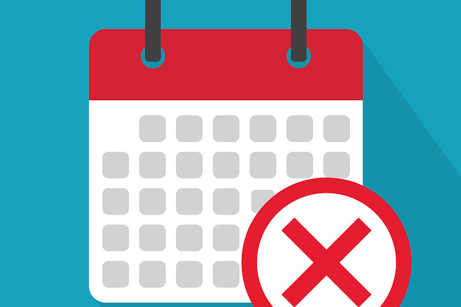 Ein Kalender mit roten Haken oben und einem roten Kreuz-Symbol daneben. Der Kalender hat ein Raster aus grauen Kästchen.