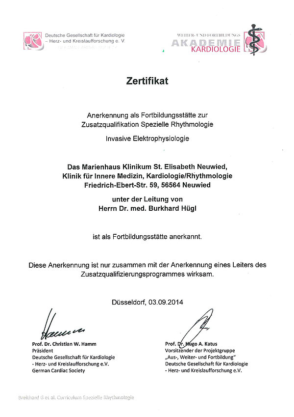 Zertifikat der Deutschen Gesellschaft für Kardiologie für das Marienhaus Klinikum St. Elisabeth Neuwied als Fortbildungsstätte für Spezielle Rhythmologie und Invasive Elektrophysiologie