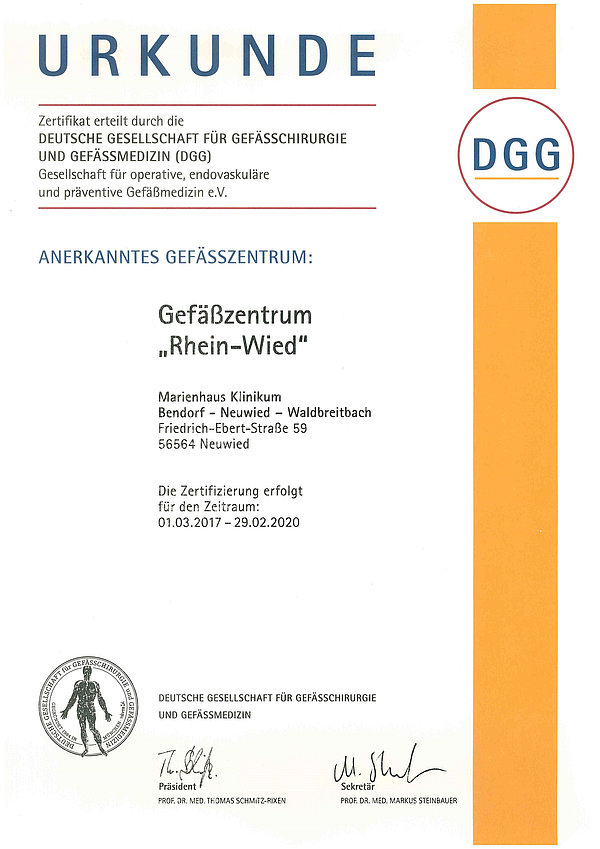 Zertifikat der Deutschen Gesellschaft für Gefäßchirurgie und Gefäßmedizin für das Gefäßzentrum Rhein-Wied, gültig vom 01.03.2017 bis 29.02.2020, ausgestellt für Marienhaus Klinikum Bendorf - Neuwied - Waldbreitbachdorf