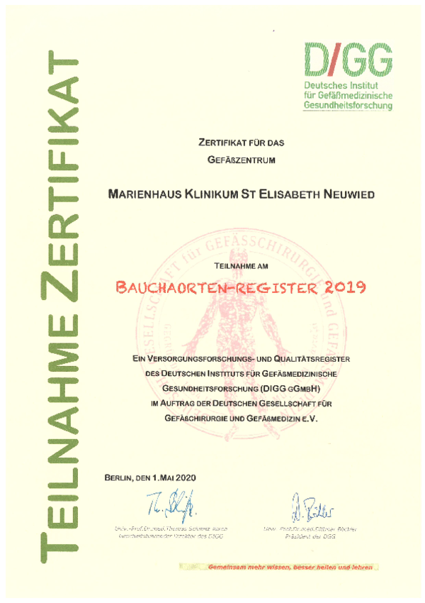 Zertifikat für das Gefäßzentrum Marienhaus Klinikum St. Elisabeth Neuwied zur Teilnahme am Bauchaorten-Register 2019, ausgestellt vom Deutschen Institut für Gefäßmedizinische Studienforschung