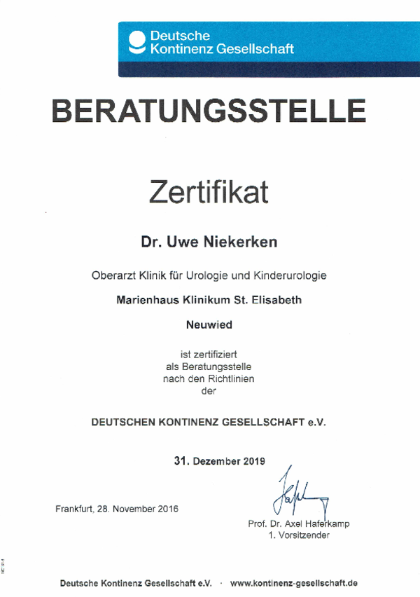 Zertifikat der Deutschen Kontinenz Gesellschaft für Dr. Uwe Niekerken als Beratungsstelle