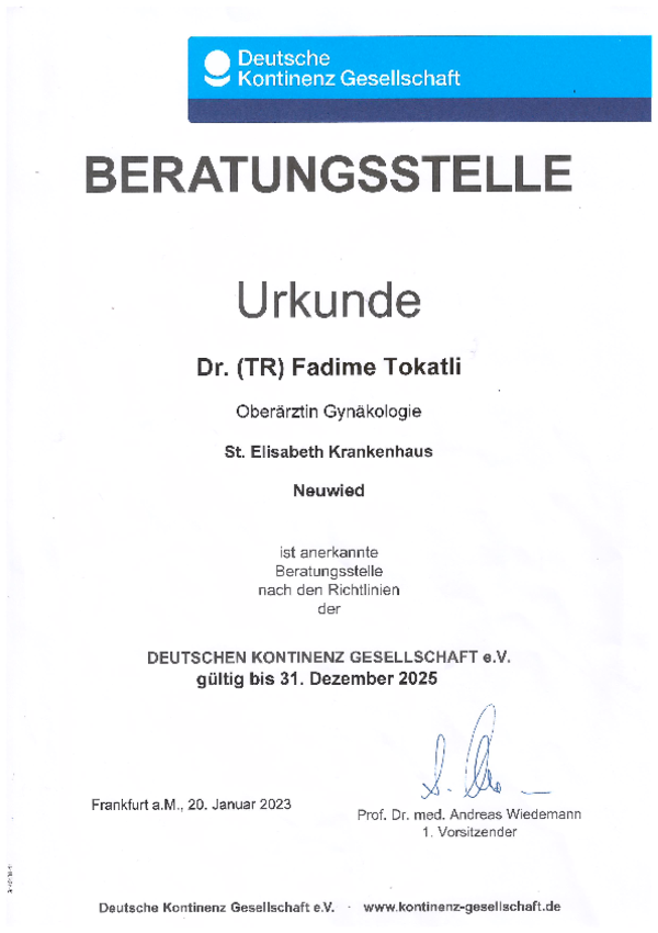 Die Urkunde bestätigt, dass Dr. Fadime Tokatli als anerkannte Beratungsstelle der Deutschen Kontinenz Gesellschaft bis 31. Dezember 2025 gilt.