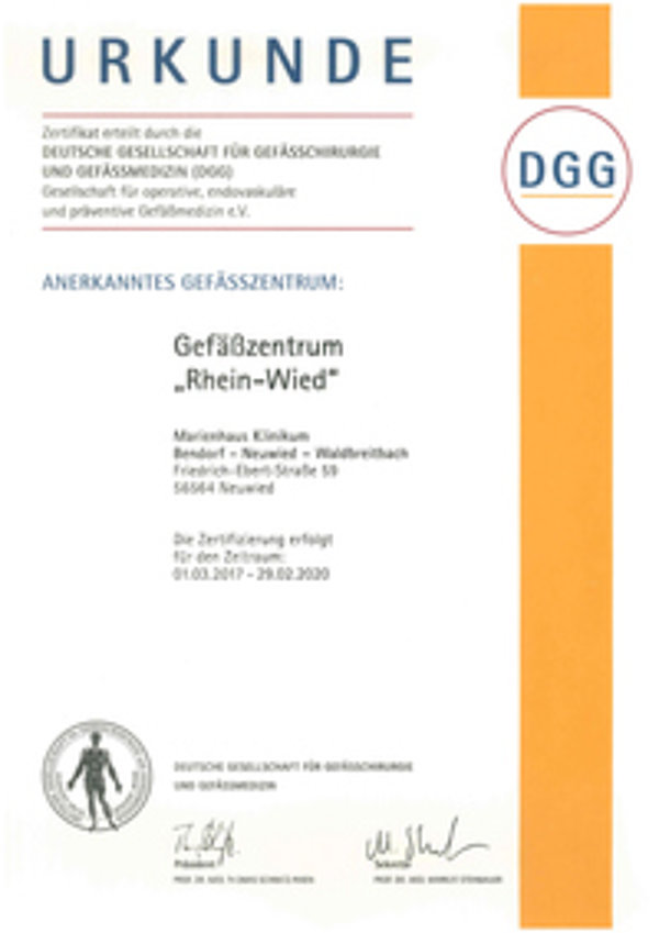 Urkunde der Deutschen Gesellschaft für Gefäßchirurgie und Gefäßmedizin (DGG).