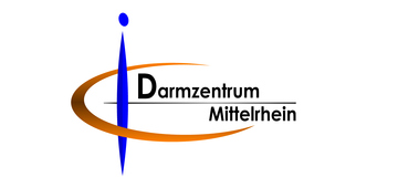 Logo des Darmzentrums Mittelrhein mit einem blauen vertikalen Strich und einem orangefarbenen Bogen um den Text.