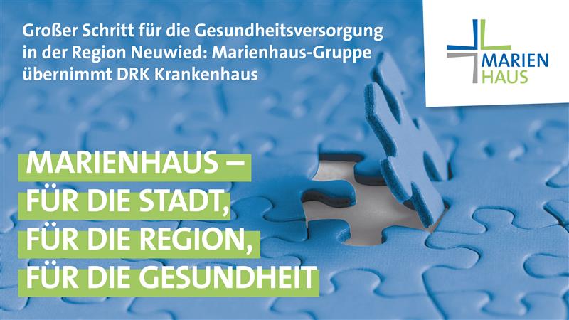 Blaues Puzzlestück in der Mitte, umgeben von verschwommenen Puzzlestücken. Text: 'MARIENHAUS – FÜR DIE STADT, FÜR DIE REGION, FÜR DIE GESUNDHEIT'.