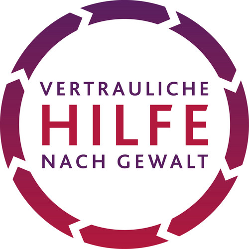 Kreis aus Pfeilen mit dem Text 'VERTRAULICHE HILFE NACH GEWALT' in der Mitte
